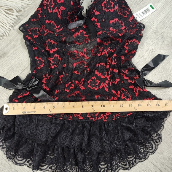 Nwts! Rene Rofe Women's Large Metalic Red & Black Lace Floral Lingerie With Bows - Picture 11 of 16